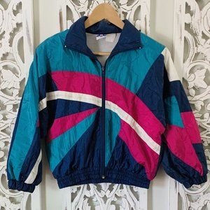 Vintage 80s 90s Windbreaker Kids Unisex Medium Teal Color Block Neon Jacket